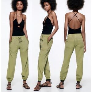 Green linen jogger pants from Zara